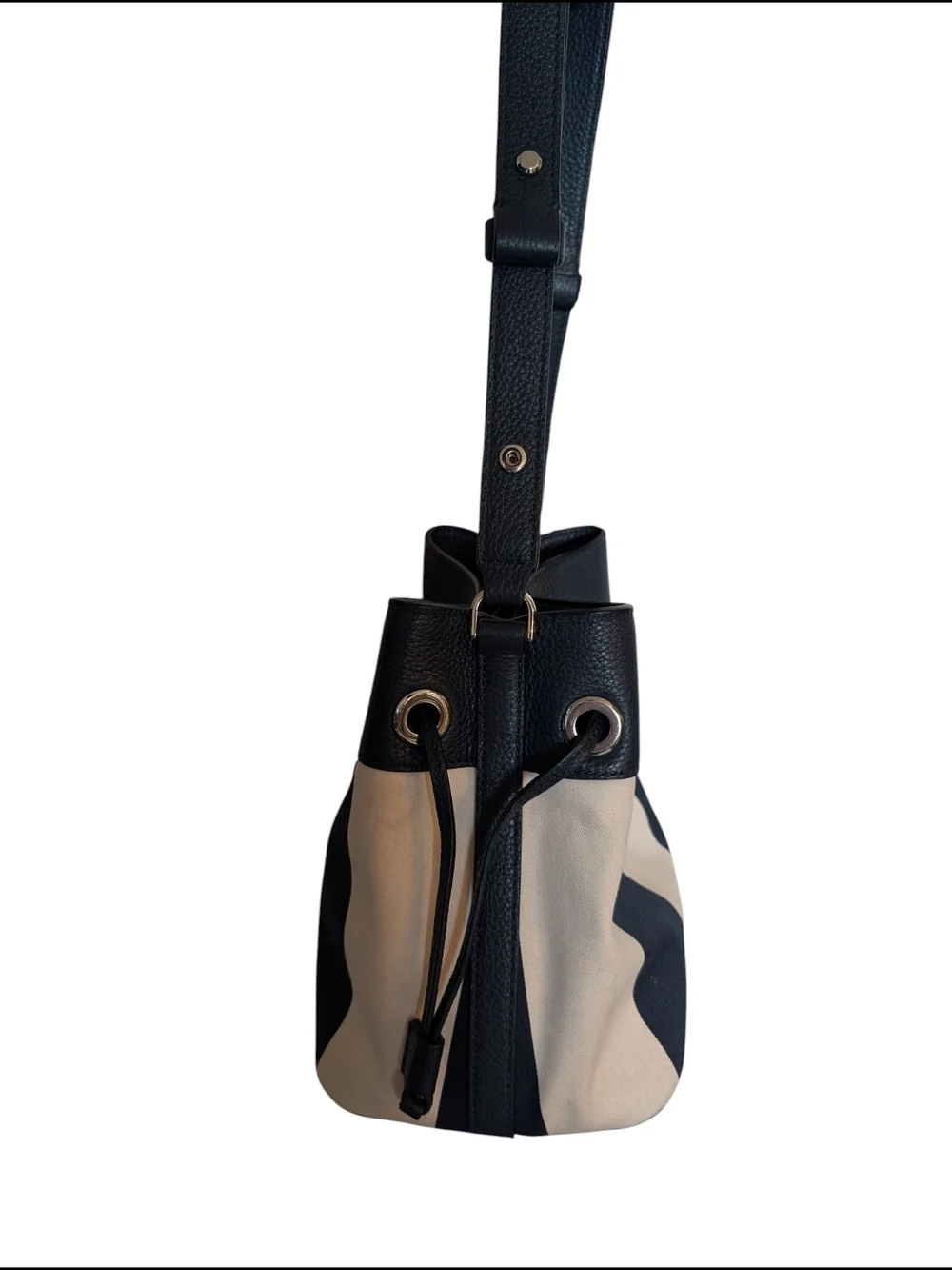 Kate Spade New York Canvas Drawstring Shoulder Bag in Navy Blue and Cream Stripe